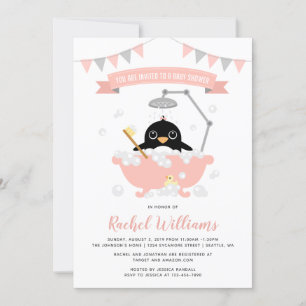 Penguin Girl in Pink Bathtub Shower Invitation Kaart