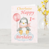 Penguin Happy 1st Birthday Kaart (Gele Bloem)
