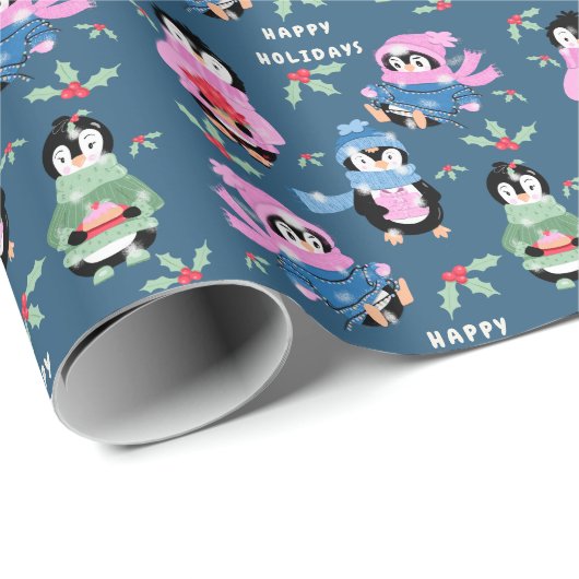 Penguin Holiday Crew Pattern Blue Wrapping Paper Cadeaupapier (Rol Hoek)