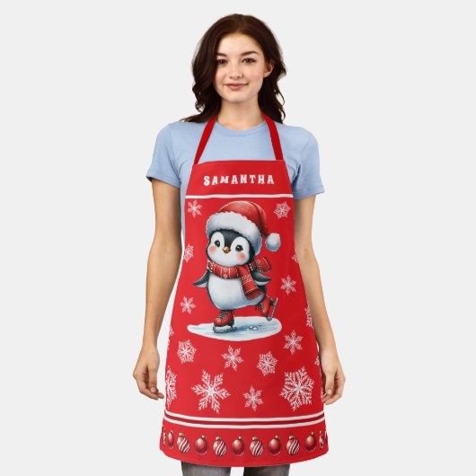 Penguin Ice Skater Feestelijke Custom Red Christma Schort (Gedragen)