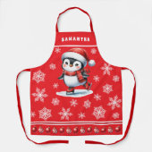 Penguin Ice Skater Feestelijke Custom Red Christma Schort (Voorkant)