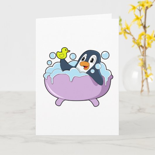 Penguin in Bathtub met Duck Kaart (Gele Bloem)