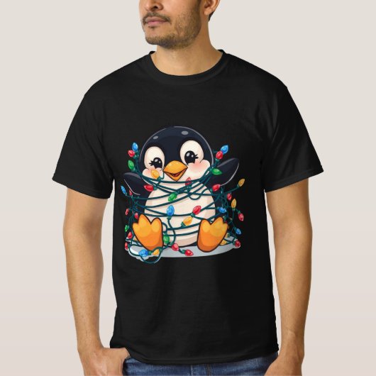 Penguin in Christmas Lights – Holiday Fun Design T-shirt (Voorkant)
