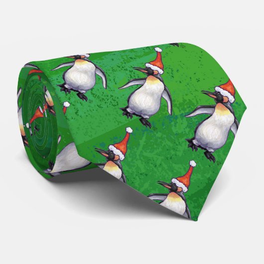 Penguin in Santa Hat Pattern on Green Stropdas (Opgerold)