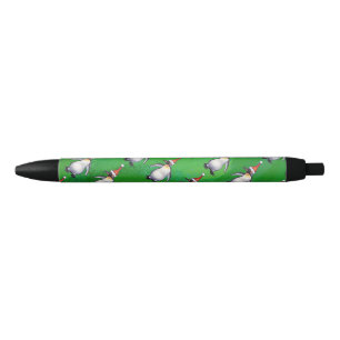 Penguin in Santa Hat Pattern on Green Zwarte Inkt Pen