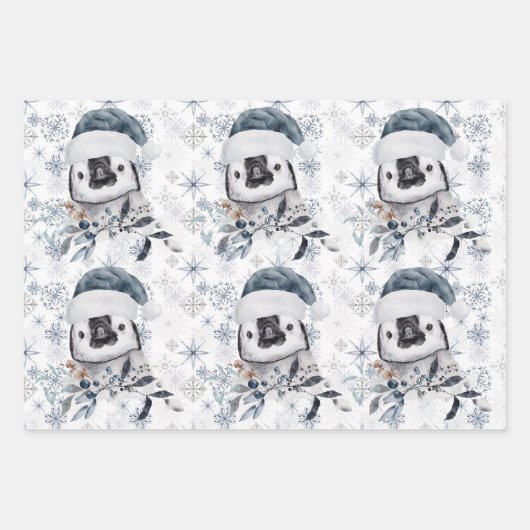 Penguin in Santa Hat Snowflakes Pattern Kerstmis Inpakpapier Vel (Voorkant)