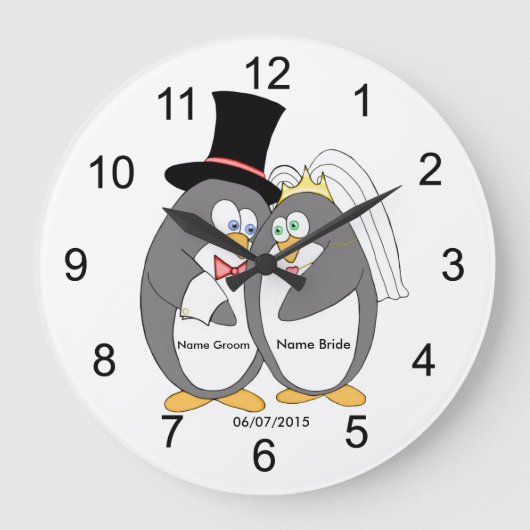 Penguin Love Personalized Wedding Clock Grote Klok (Voorkant)