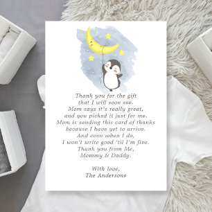 Penguin Maan Watercolor Baby Shower Bedankkaart