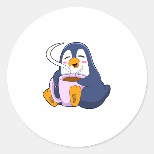 Penguin met Cup Ronde Sticker (Voorkant)