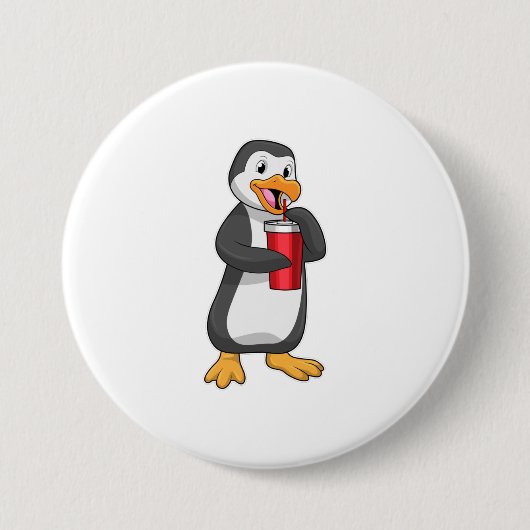 Penguin met Drink bekertje met stro Ronde Button 7,6 Cm (Voorkant)