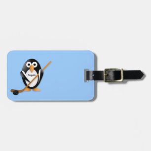 Penguin met een hockeystick bagagelabel