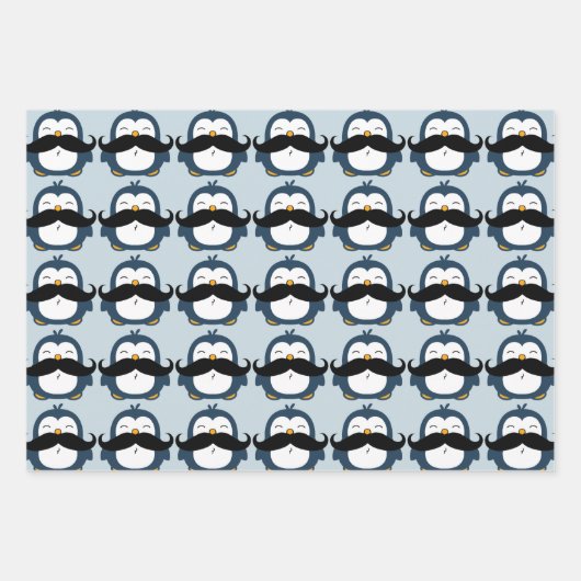 Penguin Mustache Trend Pattern | Blauw Inpakpapier Vel (Voorkant 3)