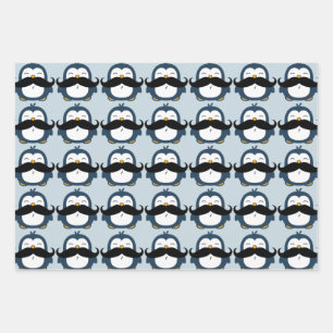 Penguin Mustache Trend Pattern Blauw Inpakpapier Vel
