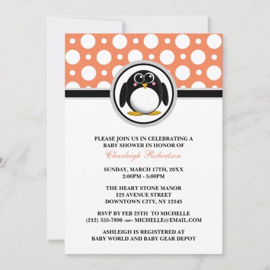 Penguin Orange Polka Dot Baby Douche Invitations (Devant)