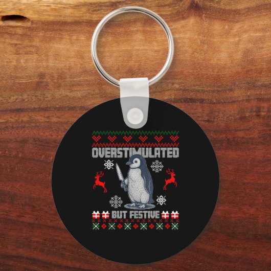 Penguin Overstimulated But Festive Ugly Christmas Sleutelhanger (Voorkant)
