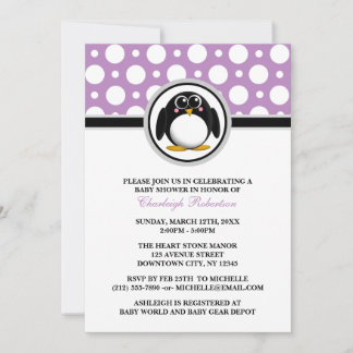 Penguin Paars Polka Dot Baby Shower Invitations Kaart