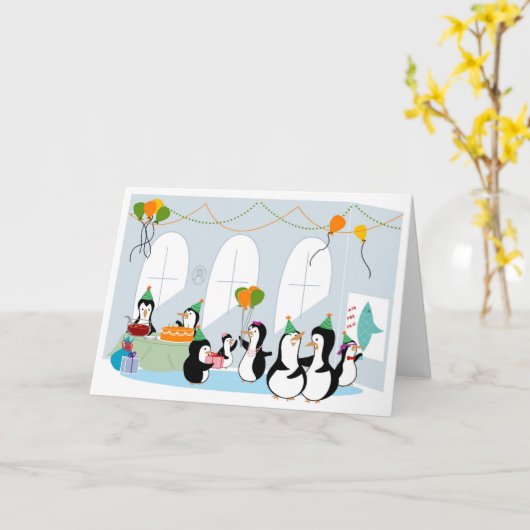 Penguin Party Verjaardag Kaart (Gele Bloem)