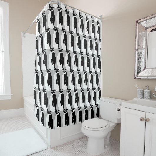 Penguin Pattern Gray Black White Douchegordijn (In situ)