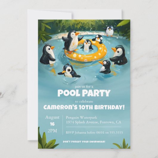 Penguin Pool Party, kinderen verjaardag Kaart (Voorkant)