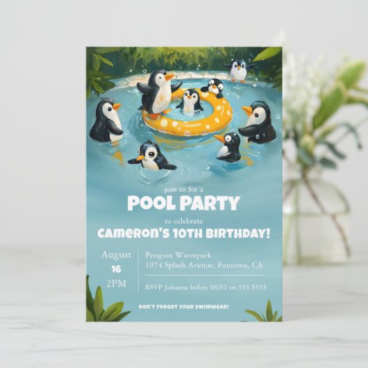 Penguin Pool Party, kinderen verjaardag Kaart (Staand voorkant)