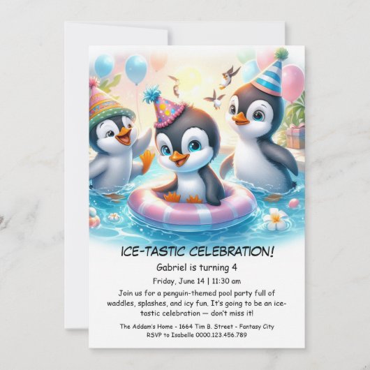 Penguin Pool Party Verjaardag Uitnodiging (Voorkant)