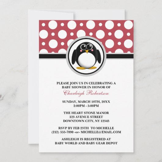 Penguin Red Polka Dot Baby Douche Invitations (Devant)