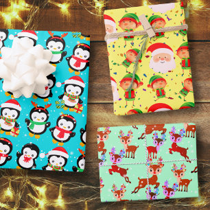 Penguin Reindeer Santa Claus Elf Kerstfeestdag Inpakpapier Vel