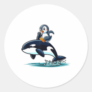 Penguin Riding Orca Kostuum Zee Dierenvriend Kinde Ronde Sticker