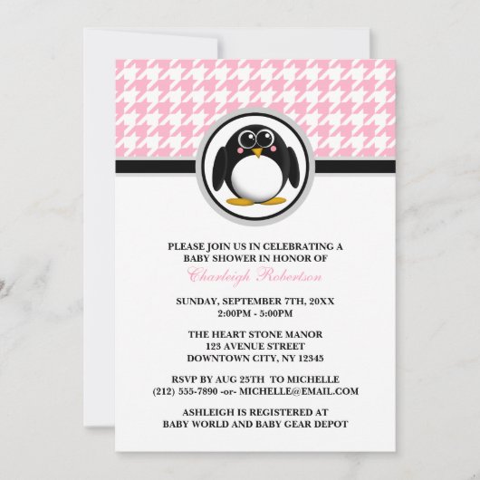 Penguin rose Houndstooth Baby Shower Invitations (Devant)