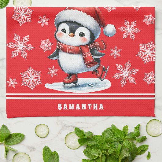 Penguin Schaatser Feestelijke Rode Custom Christma Theedoek (Gevouwen)