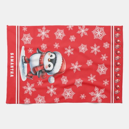 Penguin Schaatser Feestelijke Rode Custom Christma Theedoek (Horizontaal)