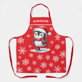 Penguin schaatser monogrammed rode kerst schort (Voorkant)