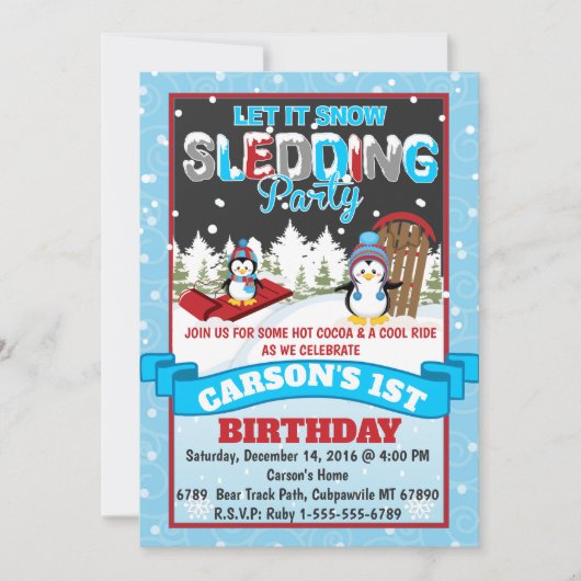 Penguin Sledding Anniversaire Fête Invitation (Devant)