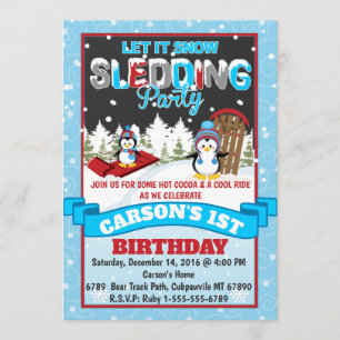 Penguin Sledding Anniversaire Fête Invitation