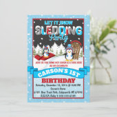 Penguin Sledding verjaardagsfeestje uitnodiging (Staand voorkant)