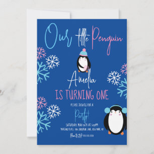 Penguin Snowflakes Roze Blauw 1e verjaardag Kaart