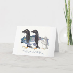 Penguin Teamwork tekenen op notitiekaarten