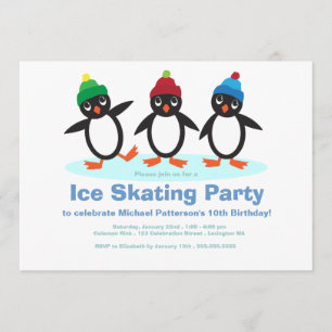 Penguin Trio boys Ice Skating Birthday Party Kaart