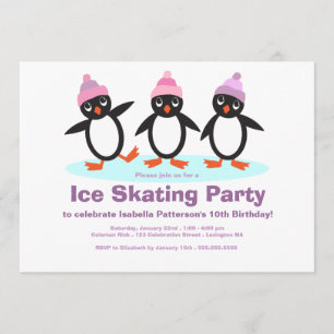 Penguin Trio Girls Ice Skating Birthday Party Kaart