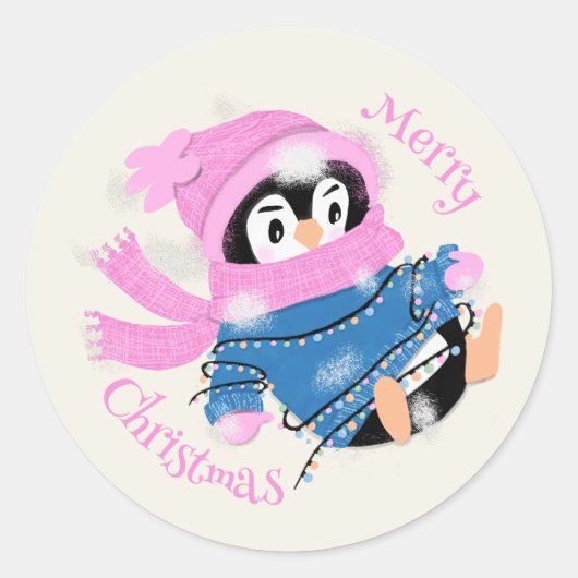 Penguin verstrikt in het licht Kerst sticker (Voorkant)
