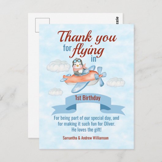 Penguin Vliegtuig Blauw 1e Verjaardag Dank u kaart (Voorkant / Achterkant)