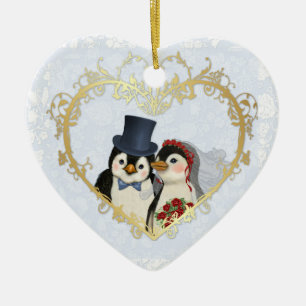 Penguin Wedding Heart - Achtergrondtekst aanpassen Keramisch Ornament