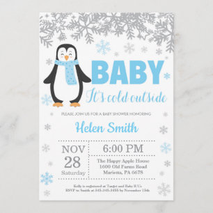 Penguin Winter Blue Boy Baby shower Snowflake Kaart