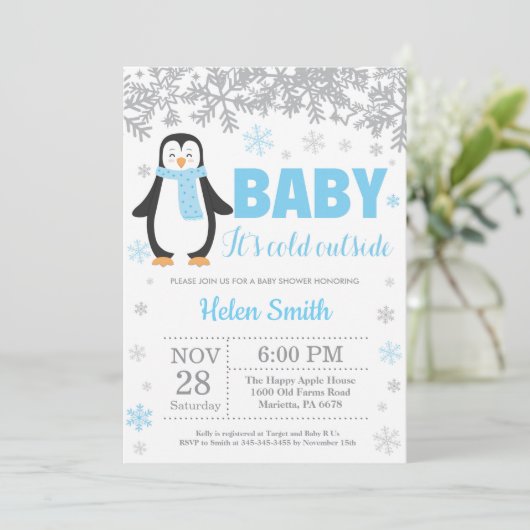 Penguin Winter Blue Boy Baby shower Snowflake Kaart (Staand voorkant)