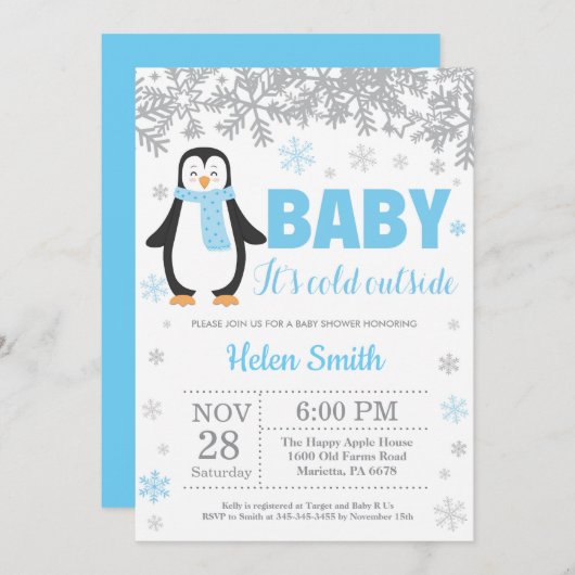 Penguin Winter Blue Boy Baby shower Snowflake Kaart (Voorkant / Achterkant)