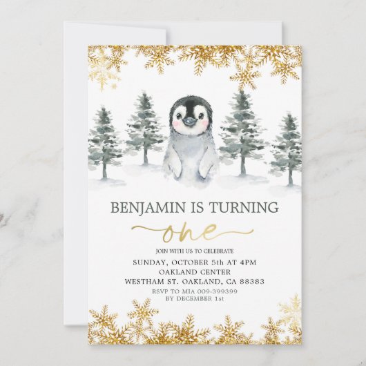 Penguin Winter Gold Snowflake Birthday Uitnodiging (Voorkant)