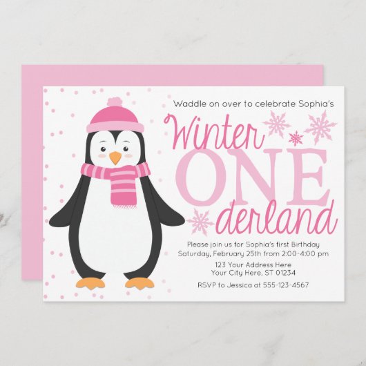Penguin Winter ONE derland Invitation d'anniversai (Devant / Derrière)