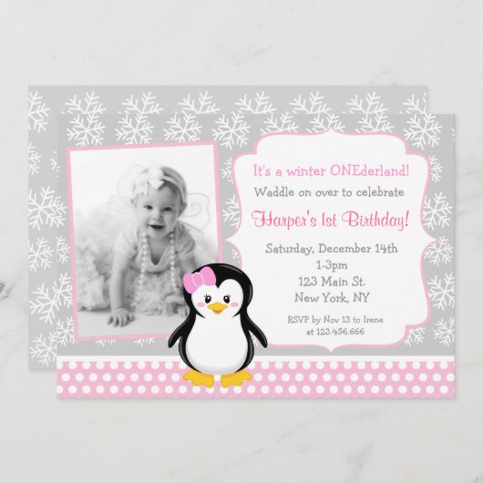 Penguin Winter ONE derland Invitations d'anniversa (Devant / Derrière)