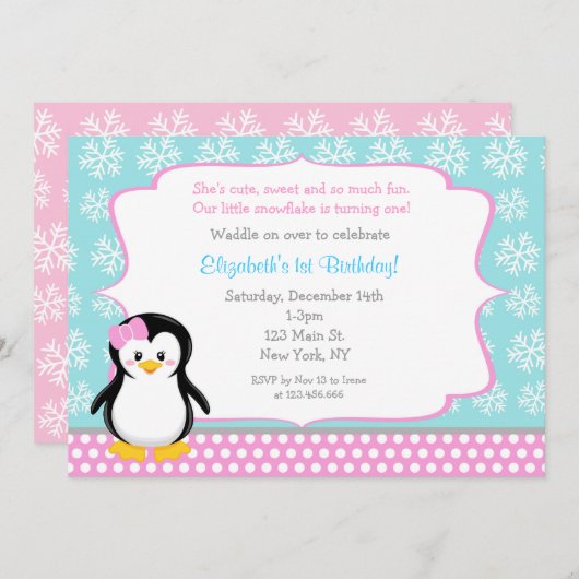 Penguin Winter ONE derland Invitations d'anniversa (Devant / Derrière)