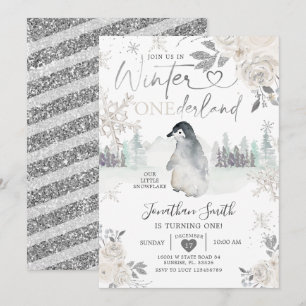 Penguin Winter Onederland Snowflake 1e verjaardag Kaart